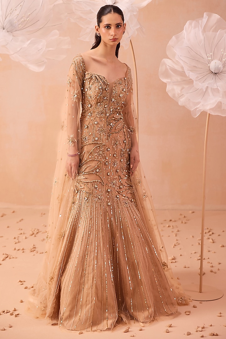 Gold Net Floral & Sequins Hand Embroidered Wedding Gown by PARUL GANDHI at Pernia's Pop Up Shop