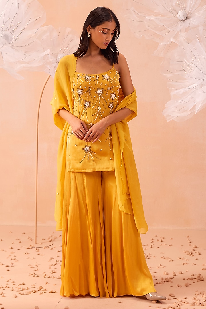 Yellow Satin Georgette Sharara Set by PARUL GANDHI at Pernia's Pop Up Shop