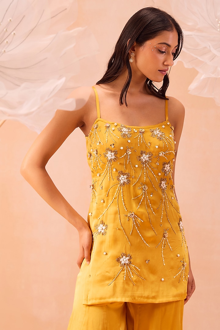 Yellow Satin Georgette Wedding Sharara Set by PARUL GANDHI at Pernia's Pop Up Shop