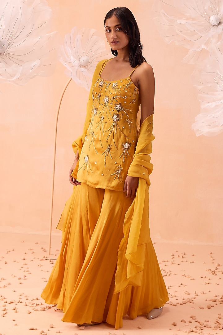 Yellow Satin Georgette Wedding Sharara Set by PARUL GANDHI at Pernia's Pop Up Shop