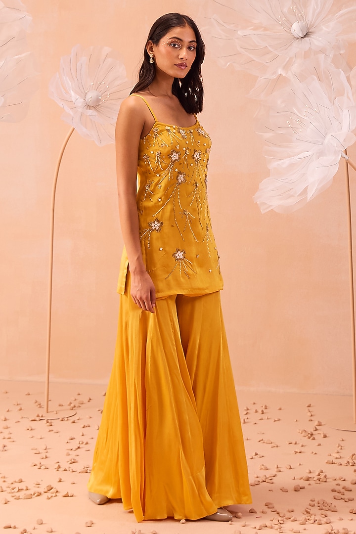 Yellow Satin Georgette Wedding Sharara Set by PARUL GANDHI at Pernia's Pop Up Shop