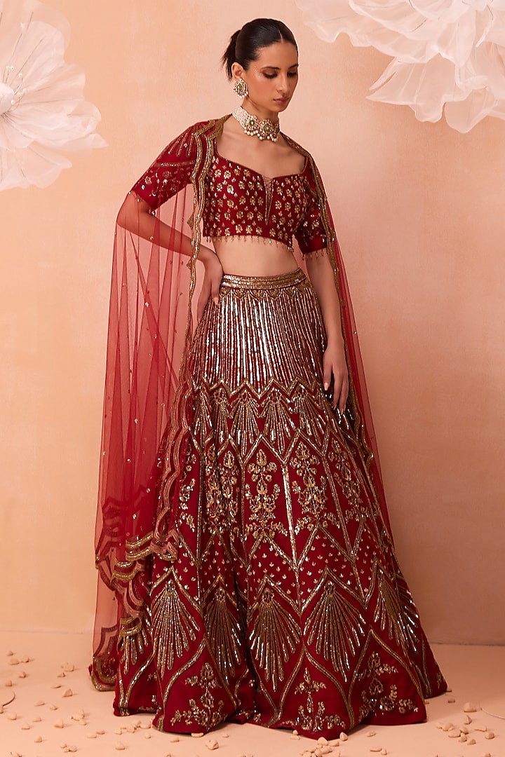 Deep Red Mesh Floral & Geometric Hand Embroidered Bridal Lehenga Set by PARUL GANDHI at Pernia's Pop Up Shop