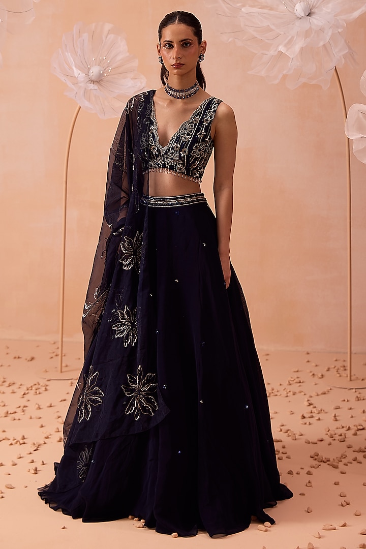 Deep Blue Organza Wedding Lehenga Set by PARUL GANDHI at Pernia's Pop Up Shop