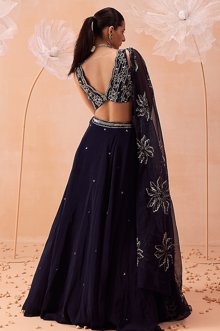 Deep Blue Organza Wedding Lehenga Set by PARUL GANDHI at Pernia's Pop Up Shop