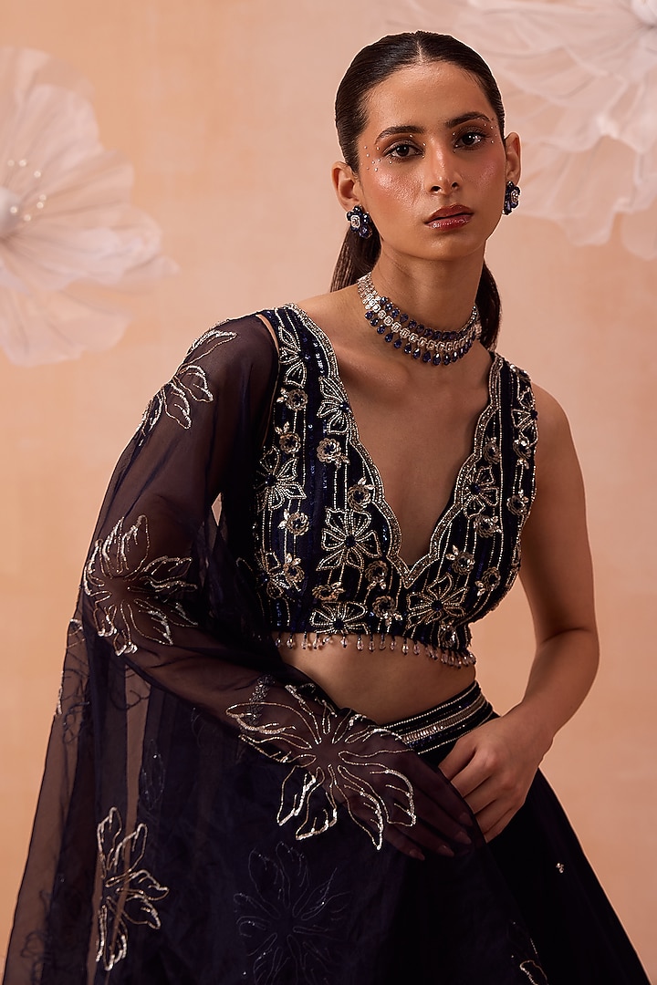 Deep Blue Organza Wedding Lehenga Set by PARUL GANDHI at Pernia's Pop Up Shop