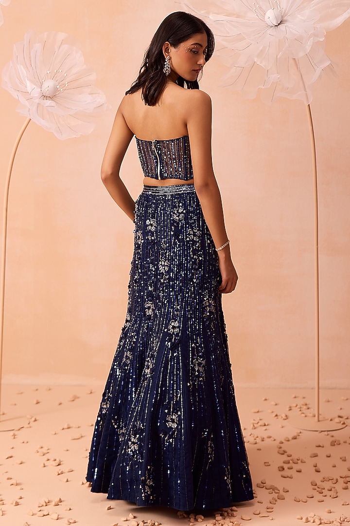 Deep Blue Net & Habutai Silk Hand Embroidered Wedding Lehenga Set by PARUL GANDHI at Pernia's Pop Up Shop