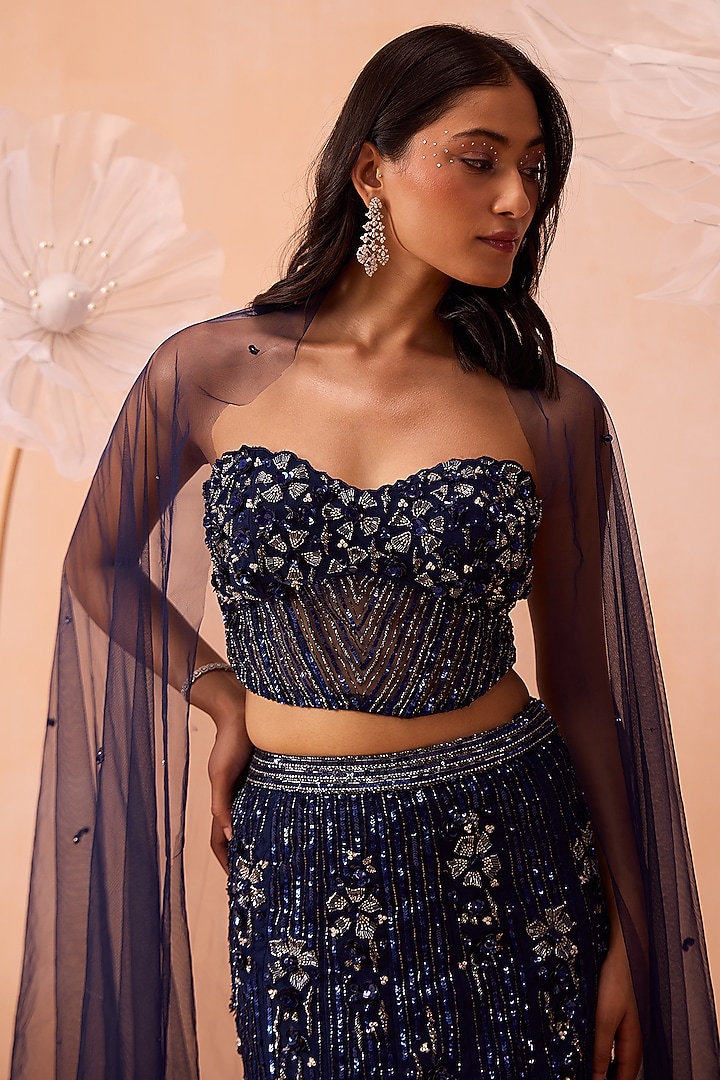 Deep Blue Net & Habutai Silk Hand Embroidered Wedding Lehenga Set by PARUL GANDHI at Pernia's Pop Up Shop