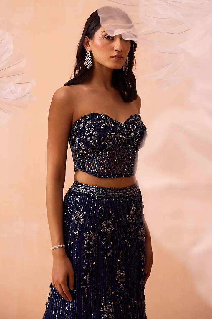 Deep Blue Net & Habutai Silk Hand Embroidered Wedding Lehenga Set by PARUL GANDHI at Pernia's Pop Up Shop