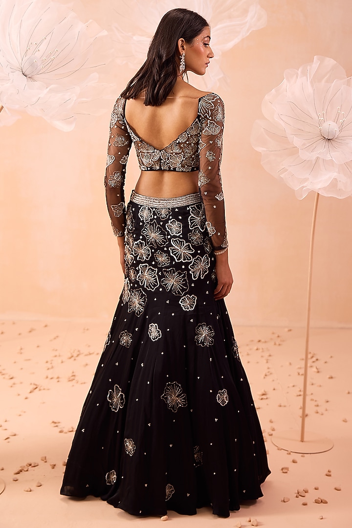 Black Satin Georgette Motif & Floral Hand Embroidered Fish-Cut Wedding Lehenga Set by PARUL GANDHI at Pernia's Pop Up Shop