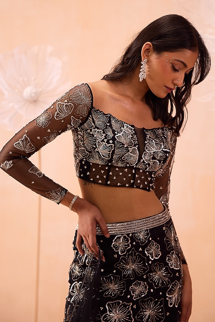 Black Satin Georgette Motif & Floral Hand Embroidered Fish-Cut Wedding Lehenga Set by PARUL GANDHI at Pernia's Pop Up Shop
