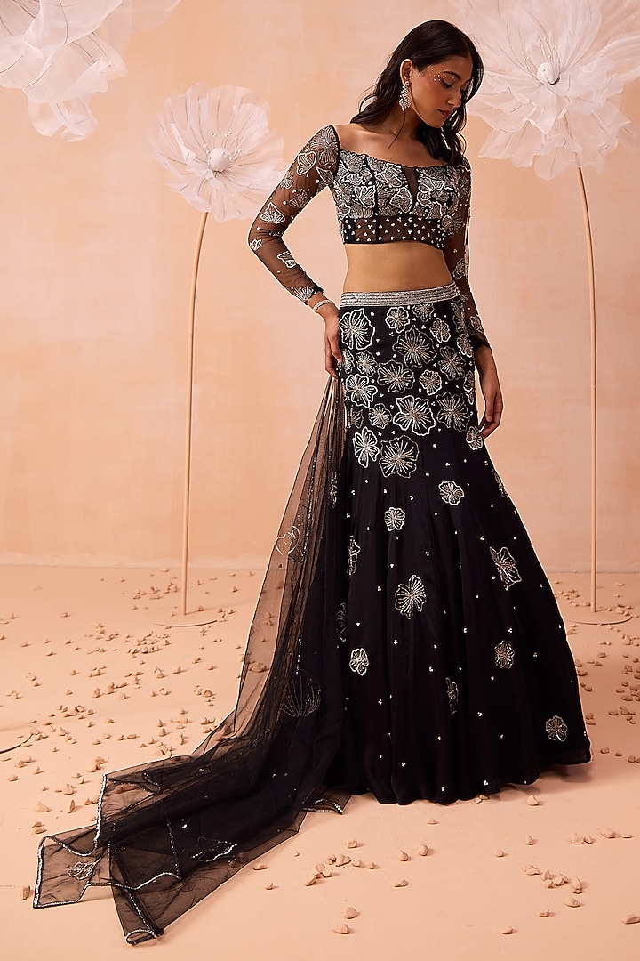 Black Satin Georgette Motif & Floral Hand Embroidered Fish-Cut Wedding Lehenga Set by PARUL GANDHI at Pernia's Pop Up Shop