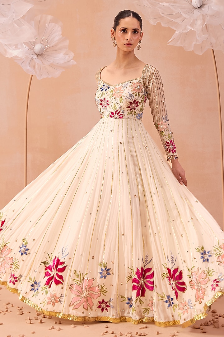 Ivory Colour Shimmer Silk Hand & Pearl embroidered Long Length Straight Suit