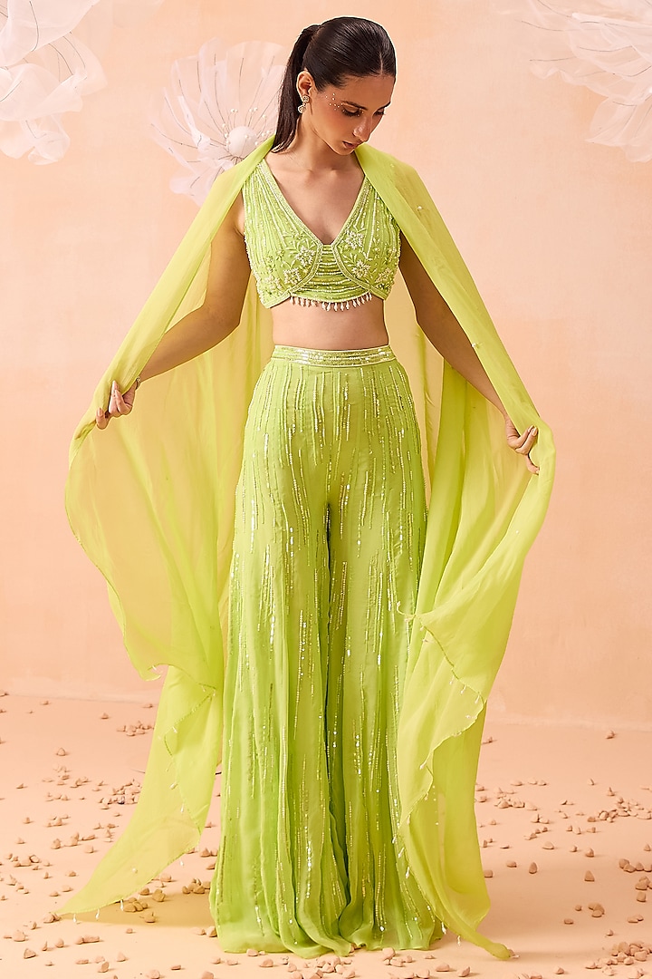 Lime Silk Organza Pearls & Tonal Embroidered Sharara Set by PARUL GANDHI