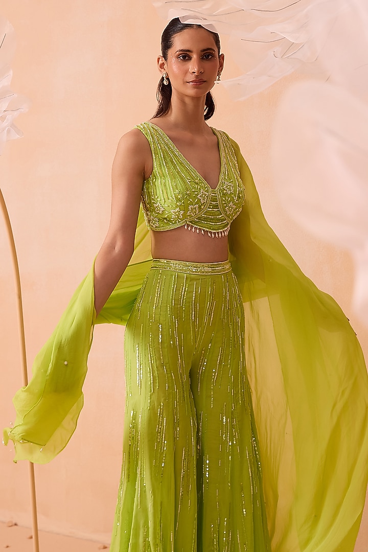 Lime Silk Organza Pearls & Tonal Embroidered Wedding Sharara Set by PARUL GANDHI at Pernia's Pop Up Shop