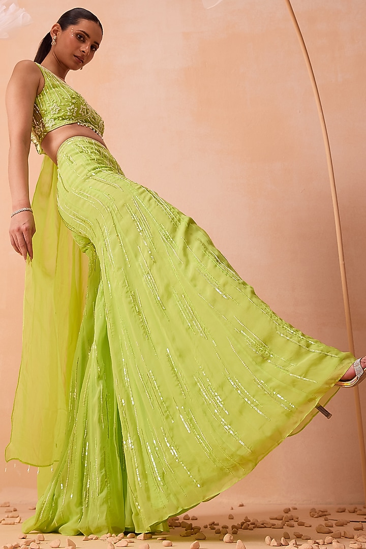 Lime Silk Organza Pearls & Tonal Embroidered Wedding Sharara Set by PARUL GANDHI at Pernia's Pop Up Shop