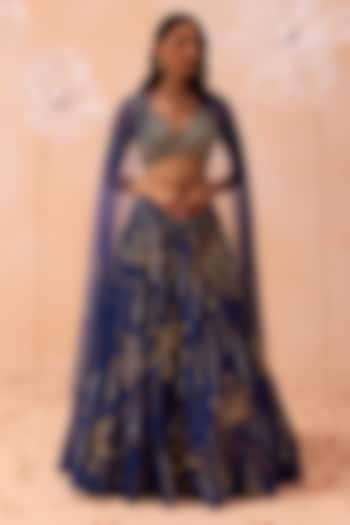 Blue Net Cutdana & Floral Hand Embroidered Wedding Lehenga Set by PARUL GANDHI at Pernia's Pop Up Shop