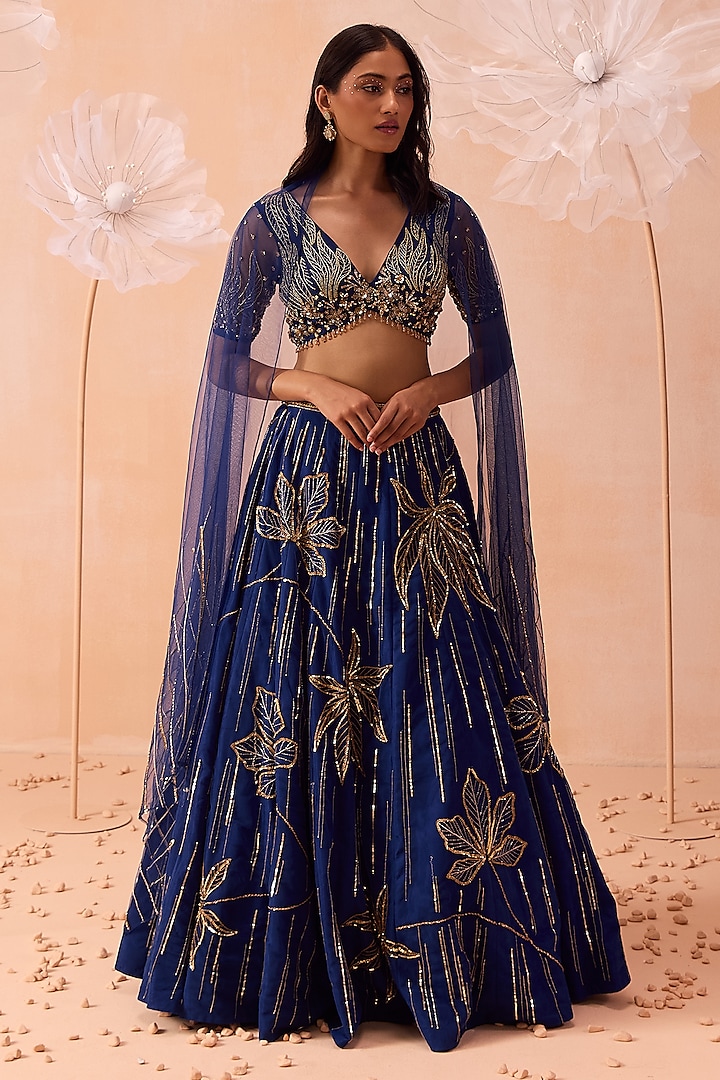 Blue Net Cutdana & Floral Hand Embroidered Wedding Lehenga Set by PARUL GANDHI at Pernia's Pop Up Shop