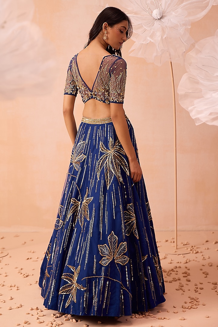 Blue Net Cutdana & Floral Hand Embroidered Wedding Lehenga Set by PARUL GANDHI at Pernia's Pop Up Shop
