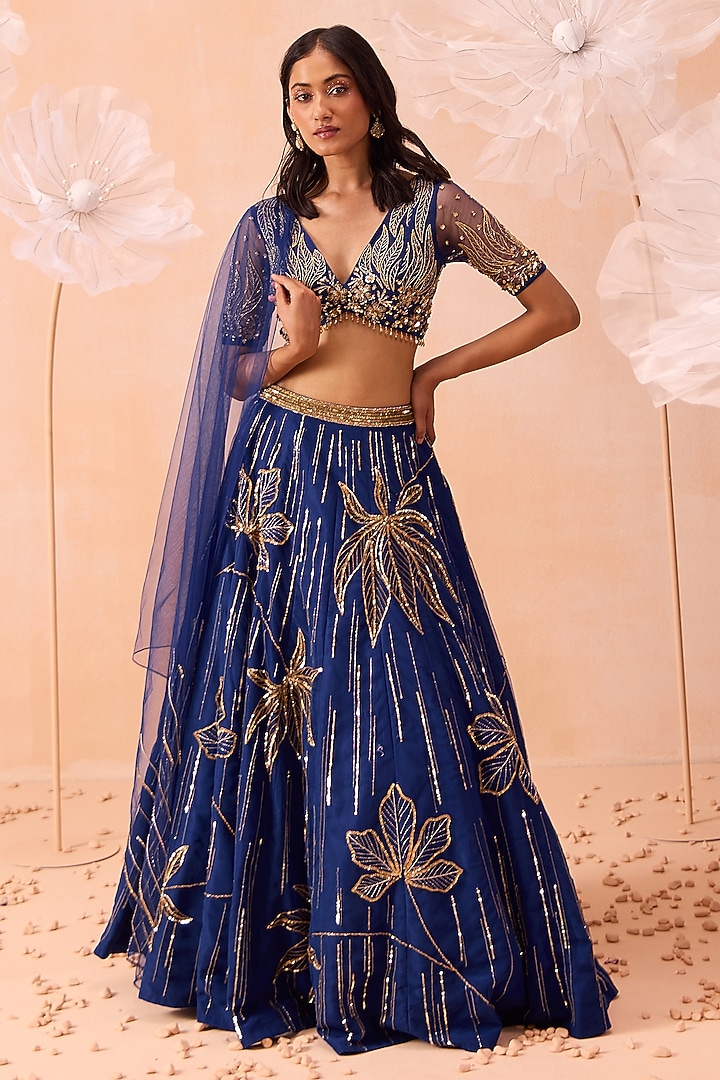 Blue Net Cutdana & Floral Hand Embroidered Wedding Lehenga Set by PARUL GANDHI at Pernia's Pop Up Shop