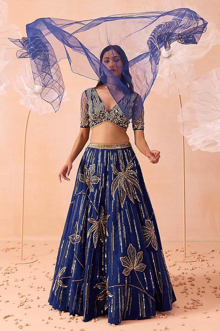 Blue Net Cutdana & Floral Hand Embroidered Wedding Lehenga Set by PARUL GANDHI at Pernia's Pop Up Shop