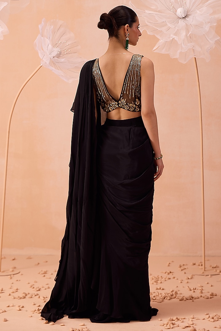 Black Satin Crepe Floral & Tonal Hand Embroidered Ruffled Wedding Saree Set by PARUL GANDHI at Pernia's Pop Up Shop