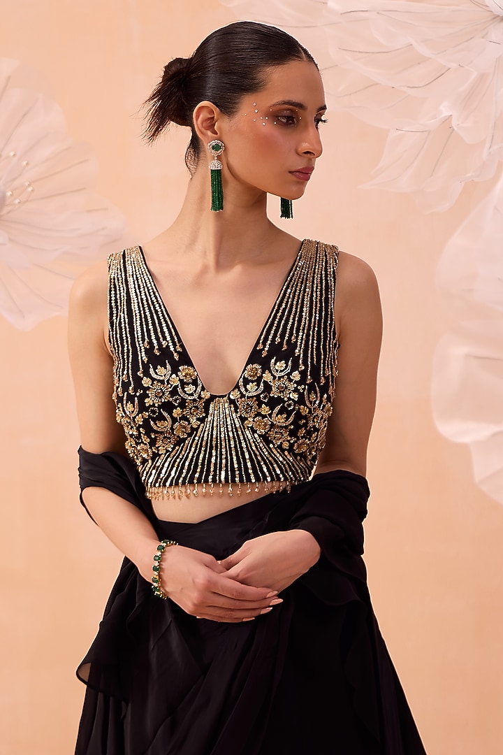 Black Satin Crepe Floral & Tonal Hand Embroidered Ruffled Wedding Saree Set by PARUL GANDHI at Pernia's Pop Up Shop
