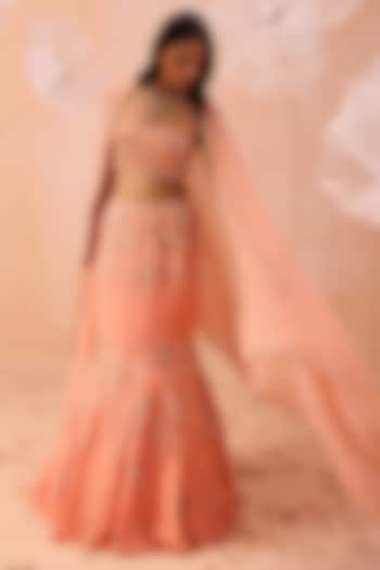 Peach Satin Georgette Motif & Floral Hand Embroidered Wedding Lehenga Set by PARUL GANDHI at Pernia's Pop Up Shop