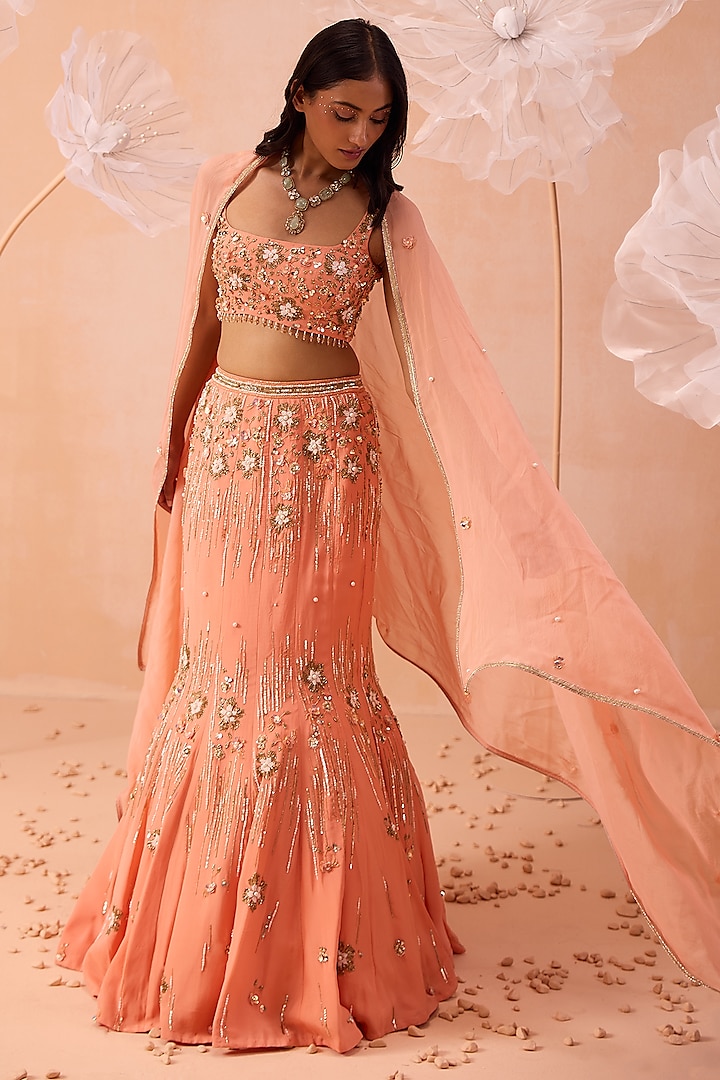 Peach Satin Georgette Motif & Floral Hand Embroidered Wedding Lehenga Set by PARUL GANDHI at Pernia's Pop Up Shop