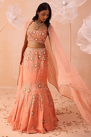Peach Satin Georgette Motif & Floral Hand Embroidered Lehenga Set by PARUL GANDHI