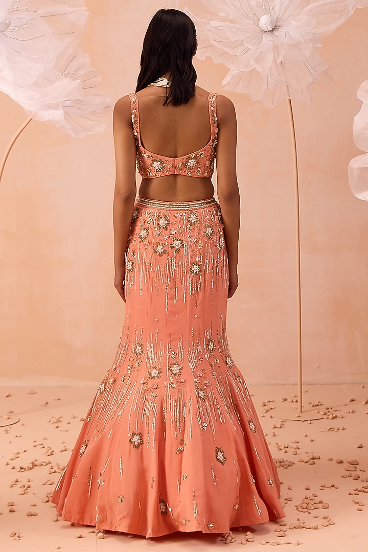 Peach Satin Georgette Motif & Floral Hand Embroidered Wedding Lehenga Set by PARUL GANDHI at Pernia's Pop Up Shop