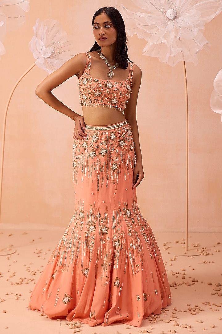 Peach Satin Georgette Motif & Floral Hand Embroidered Wedding Lehenga Set by PARUL GANDHI at Pernia's Pop Up Shop