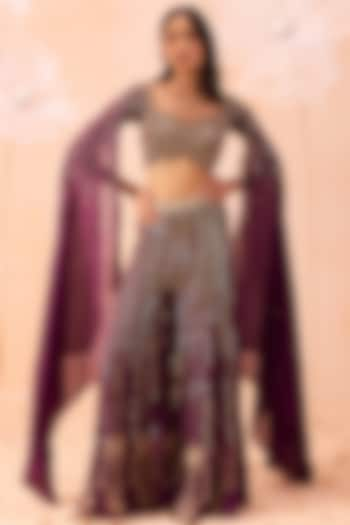 Wine Silk Organza Sequins Embellished Sharara Set by Parul Gandhi at Pernia's Pop Up Shop