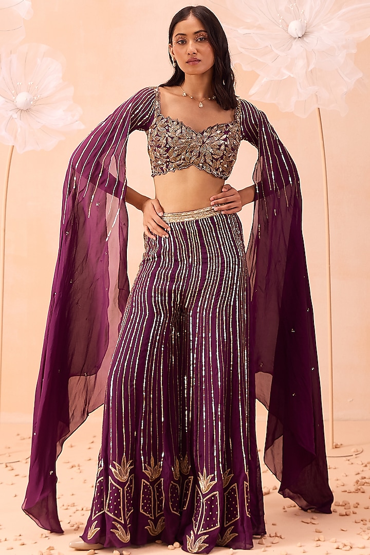 Wine Silk Organza Sequins Embellished Sharara Set by Parul Gandhi at Pernia's Pop Up Shop