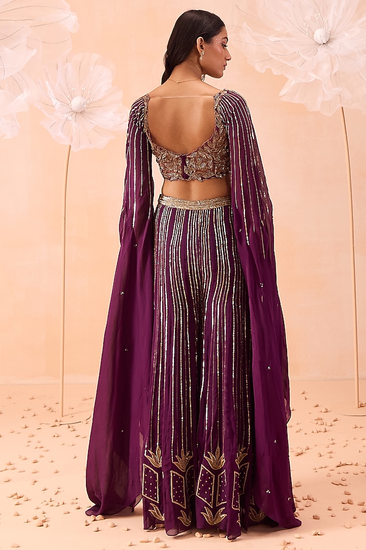 Wine Silk Organza Sequins Embellished Wedding Sharara Set by Parul Gandhi at Pernia's Pop Up Shop