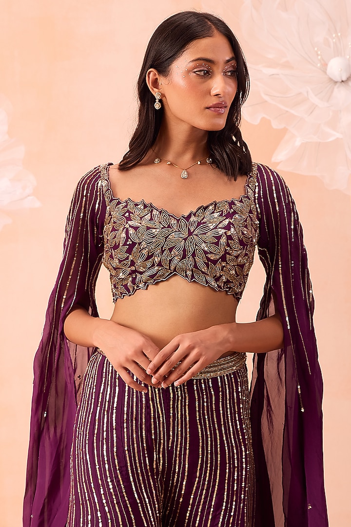 Wine Silk Organza Sequins Embellished Wedding Sharara Set by Parul Gandhi at Pernia's Pop Up Shop
