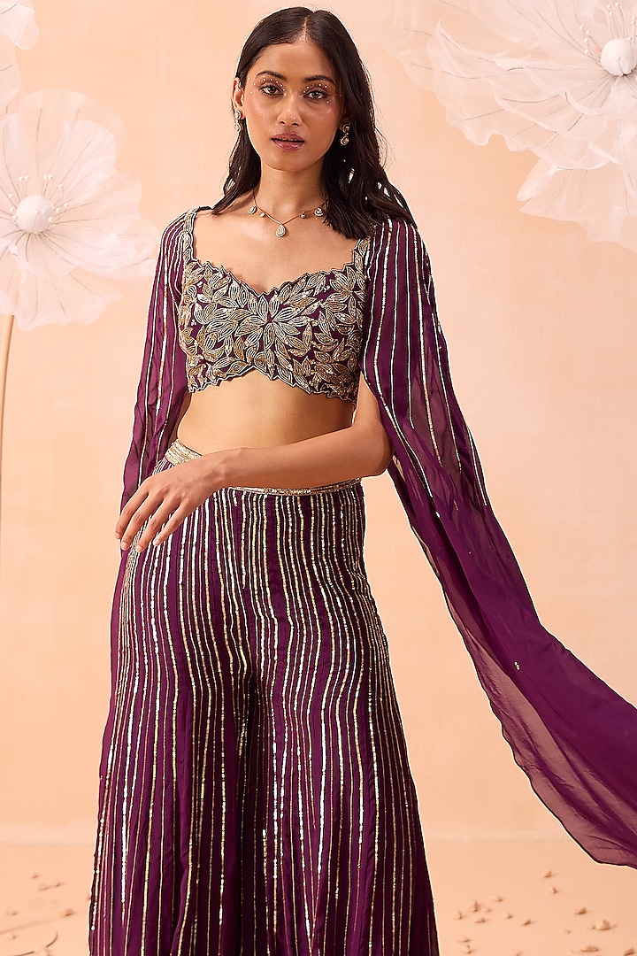 Wine Silk Organza Sequins Embellished Wedding Sharara Set by Parul Gandhi at Pernia's Pop Up Shop