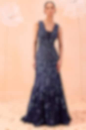 Navy Blue Korean Shimmer Floral Motif Embellished Gown by Parul Gandhi at Pernia's Pop Up Shop