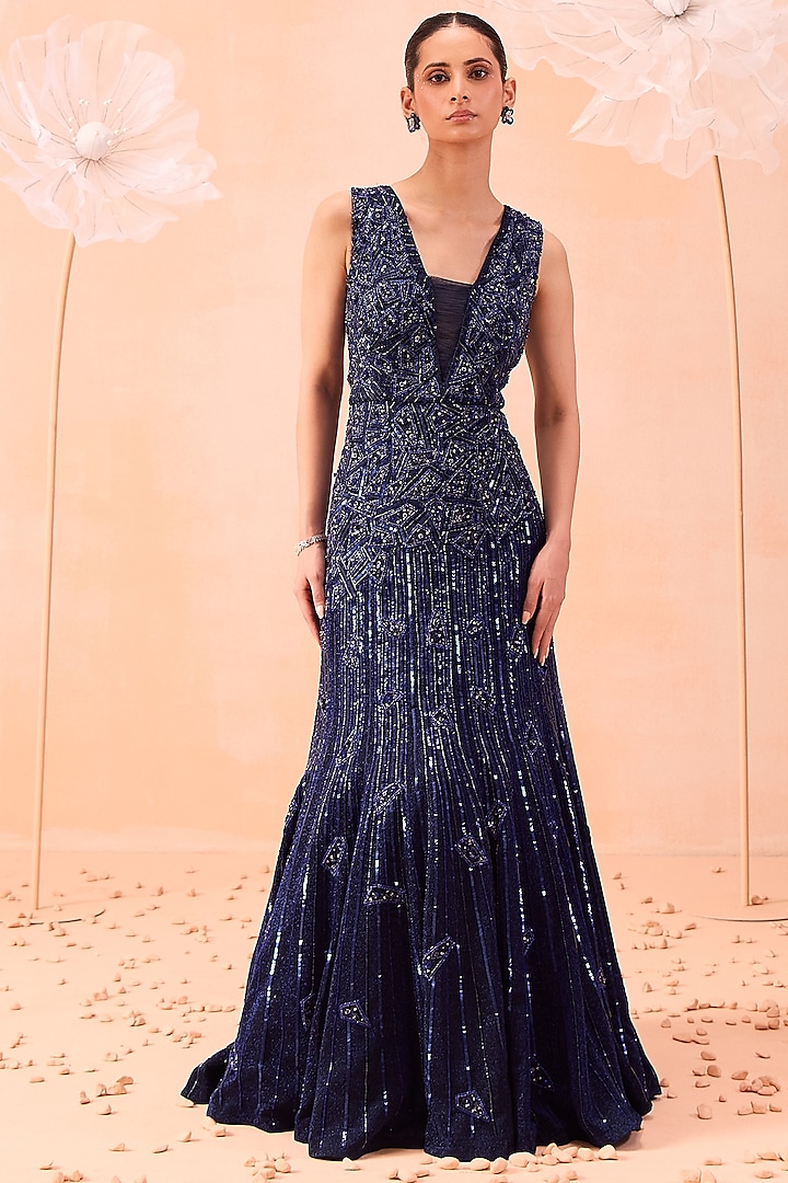 Navy Blue Korean Shimmer Floral Motif Embellished Gown by Parul Gandhi at Pernia's Pop Up Shop