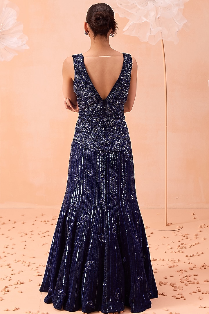 Navy Blue Korean Shimmer Floral Motif Embellished Wedding Gown by Parul Gandhi at Pernia's Pop Up Shop