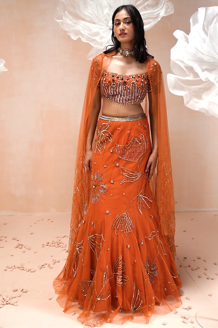 Orange Net Zari Hand Embroidered Lehenga Set by Parul Gandhi