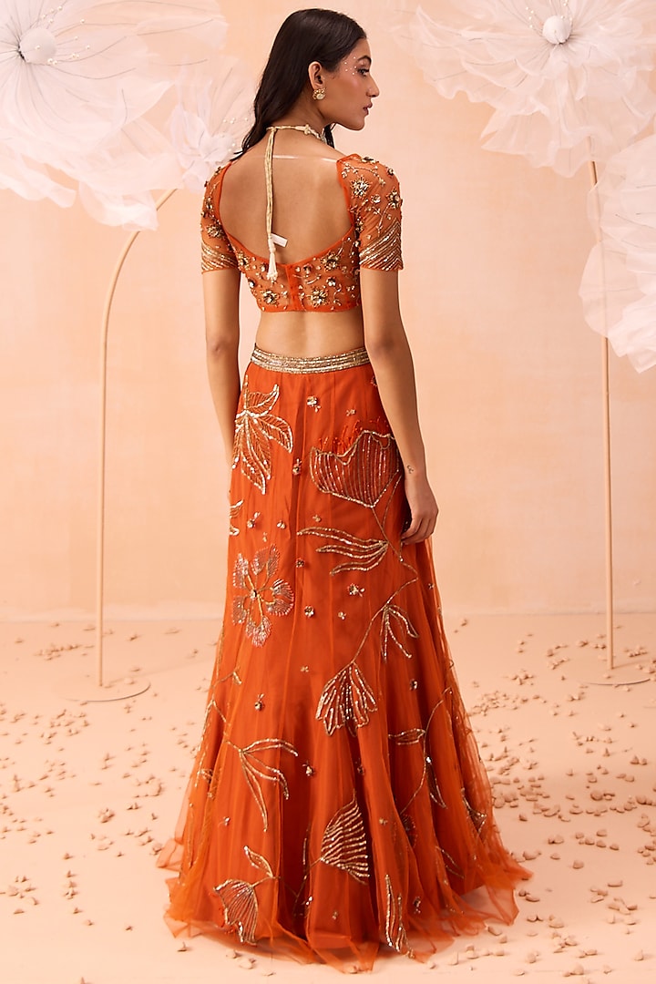 Orange Net Zari Hand Embroidered Wedding Lehenga Set by Parul Gandhi at Pernia's Pop Up Shop