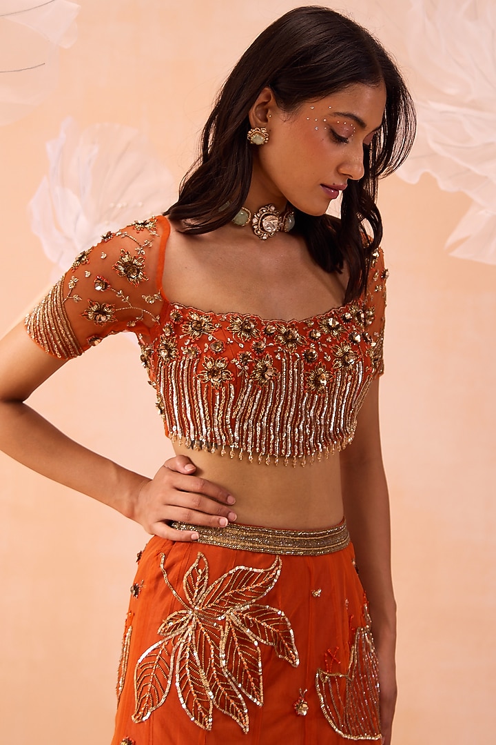 Orange Net Zari Hand Embroidered Wedding Lehenga Set by Parul Gandhi at Pernia's Pop Up Shop