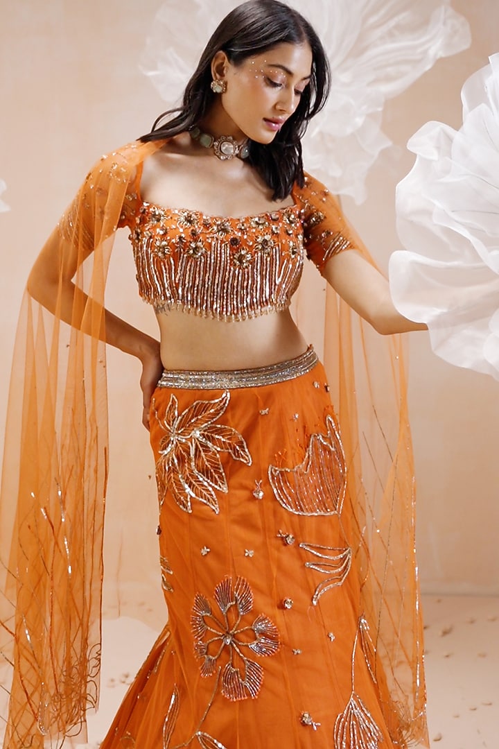 Orange Net Zari Hand Embroidered Wedding Lehenga Set by Parul Gandhi at Pernia's Pop Up Shop