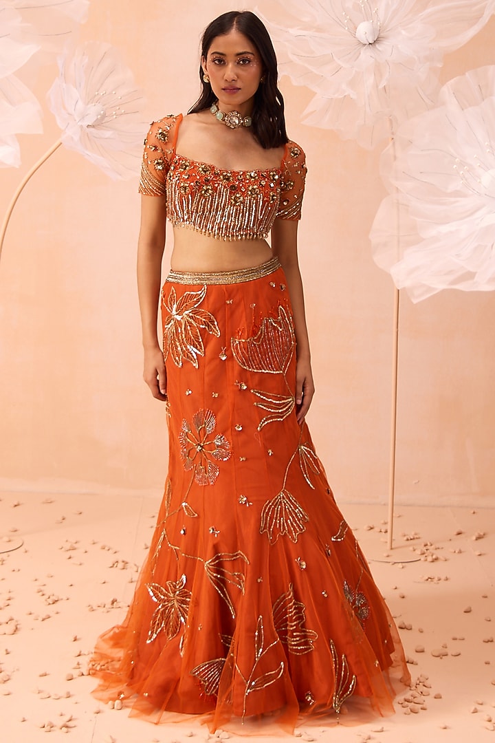 Orange Net Zari Hand Embroidered Wedding Lehenga Set by Parul Gandhi at Pernia's Pop Up Shop