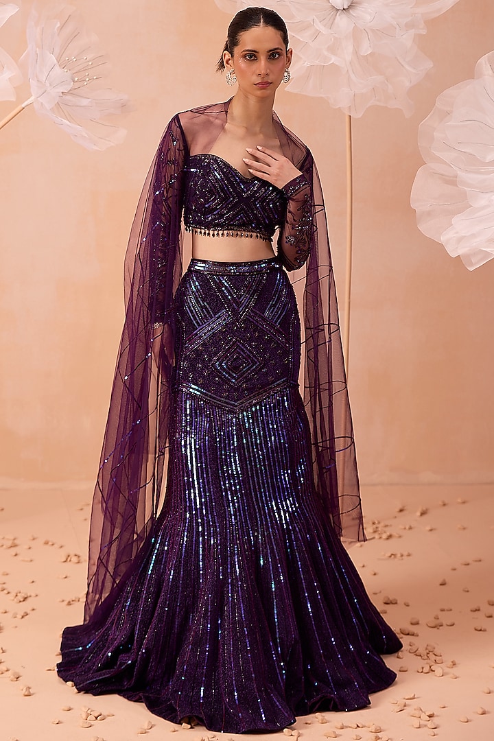 Purple Korean Shimmer Sequins Hand Embroidered Mermaid Wedding Lehenga Set by Parul Gandhi at Pernia's Pop Up Shop