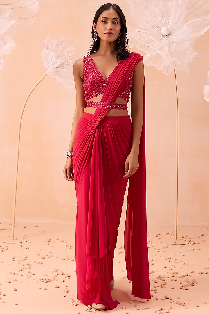 Hot Pink Lycra Pre-Draped Saree Set by Parul Gandhi at Pernia's Pop Up Shop