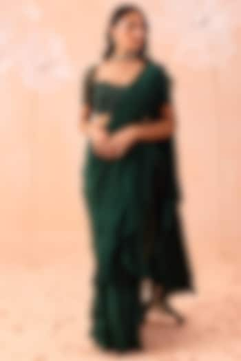 Emerald Green Satin Crepe Pre-Draped Saree Set by Parul Gandhi at Pernia's Pop Up Shop