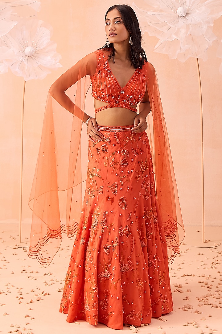 Candy Orange Habutai Silk Flora & Fauna Motifs Hand Embroidered Fishcut Lehnega Set by Parul Gandhi at Pernia's Pop Up Shop