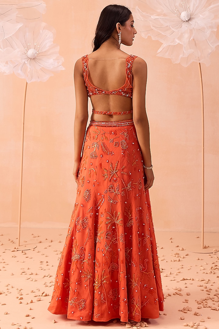 Candy Orange Habutai Silk Hand Embroidered Fishcut Wedding Lehenga Set by Parul Gandhi at Pernia's Pop Up Shop
