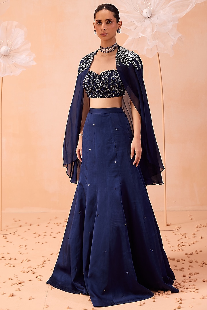 Blue Silk Satin Organza Hand Embroidered Jacket Wedding Lehenga Set by Parul Gandhi at Pernia's Pop Up Shop